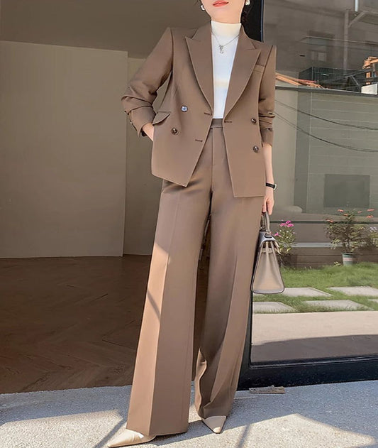 Elegant Solid Color Business Suit Set with Long Coat & Pants