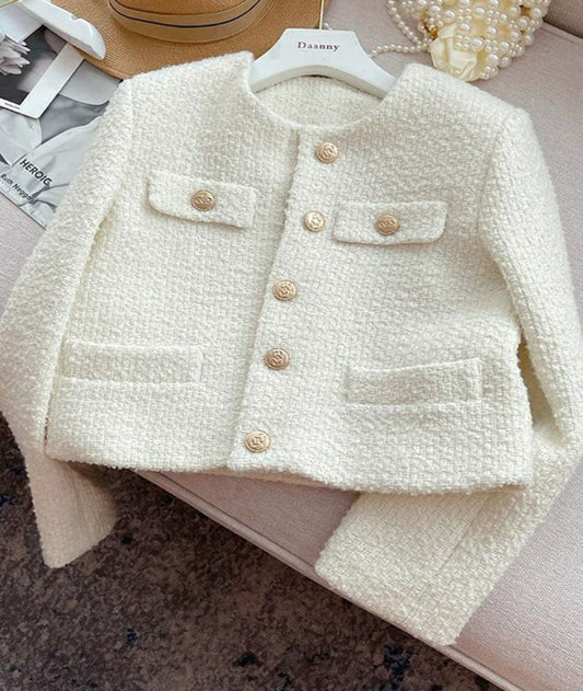 Women's Solid Color Flap Woolen Coat with Golden Buttons